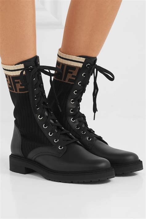 fendi rockoko logo jacquard stretch knit and leather ankle boots|fendi rockoko boots sale.